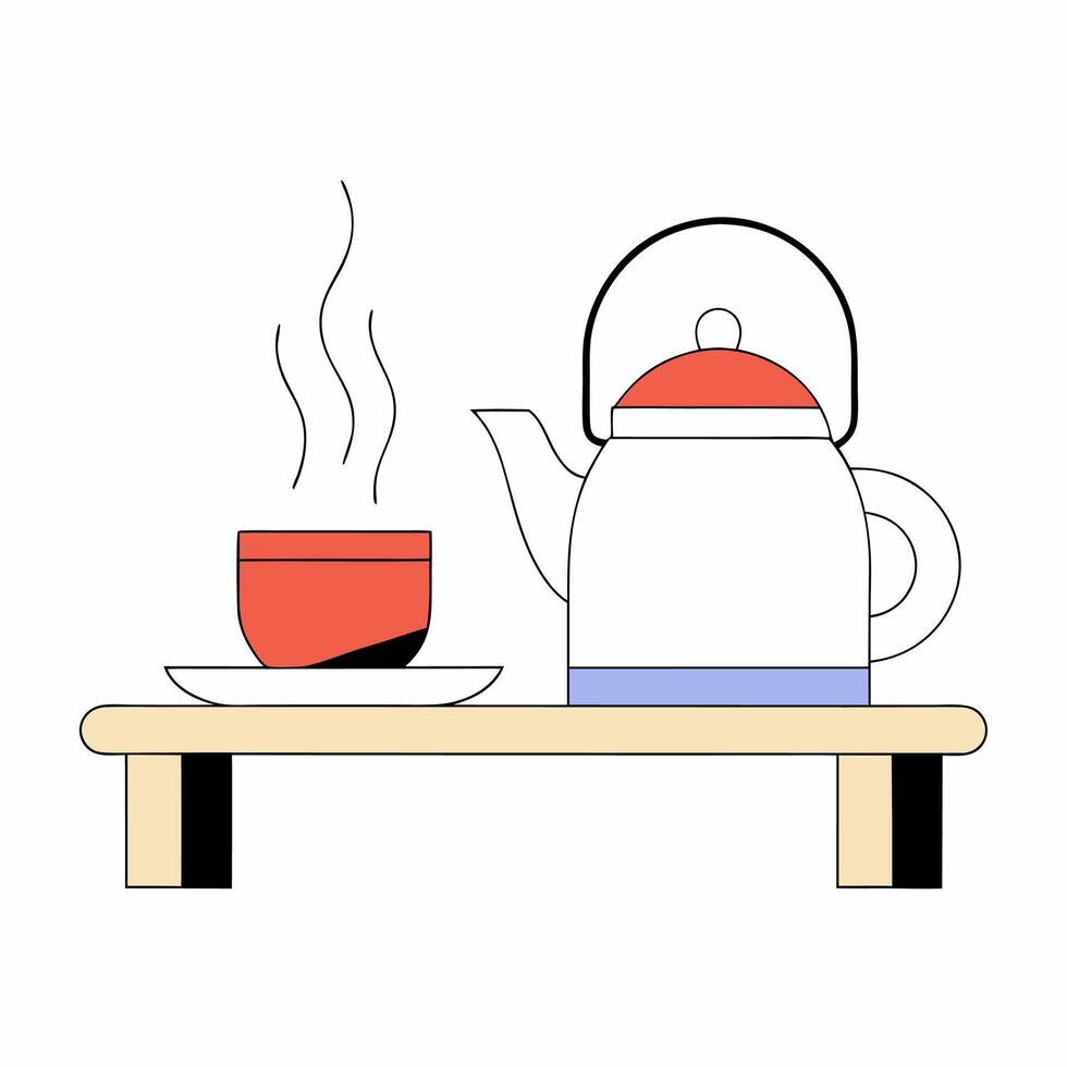 Cozy Tea Time Minimalist Kettle and Cup Illustration Red, White. vector