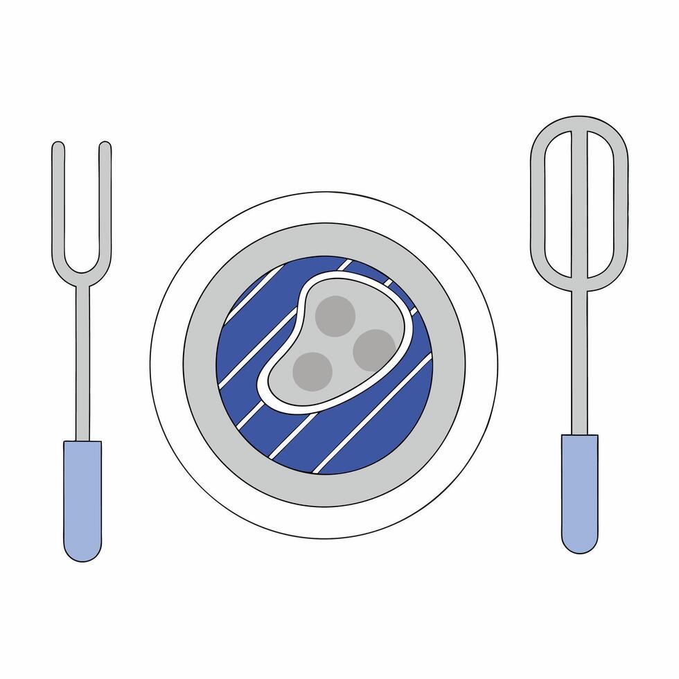 Grilled Steak Plate Simple Flat Icon Illustration Blue, Grey. vector