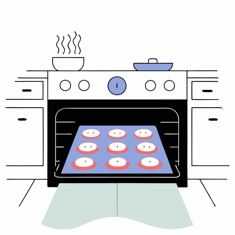 Mini Pizzas Baking in Oven Delicious Home Cooked Meal Illustration. vector