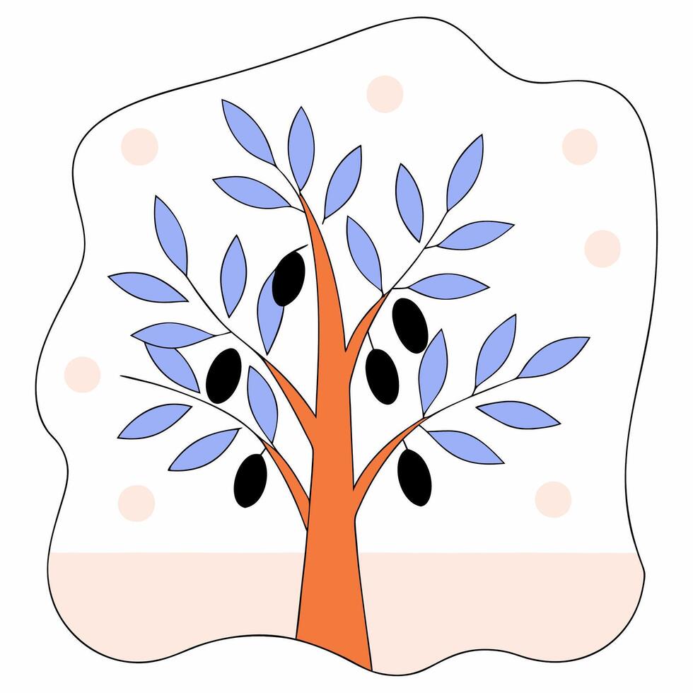Minimalist Olive Tree Illustration Orange Trunk, Blue Leaves. vector