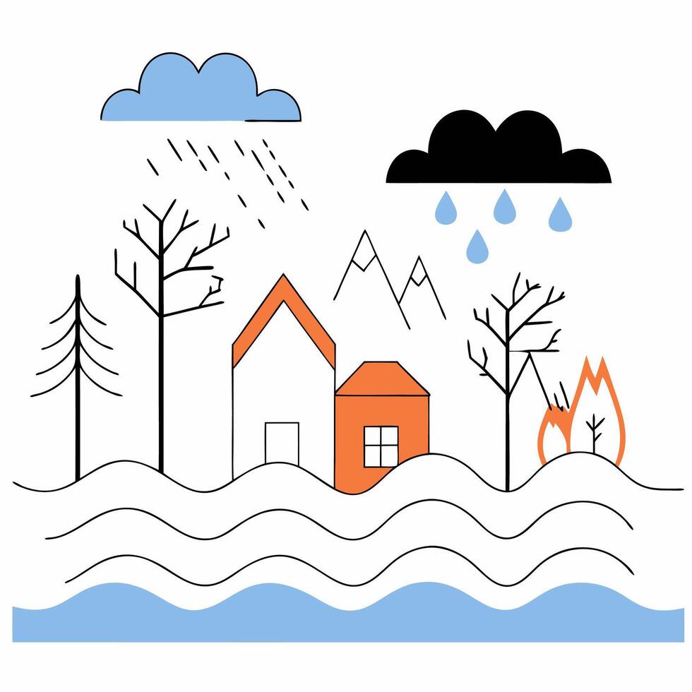 Climate Change Illustration Floods, Fire. vector