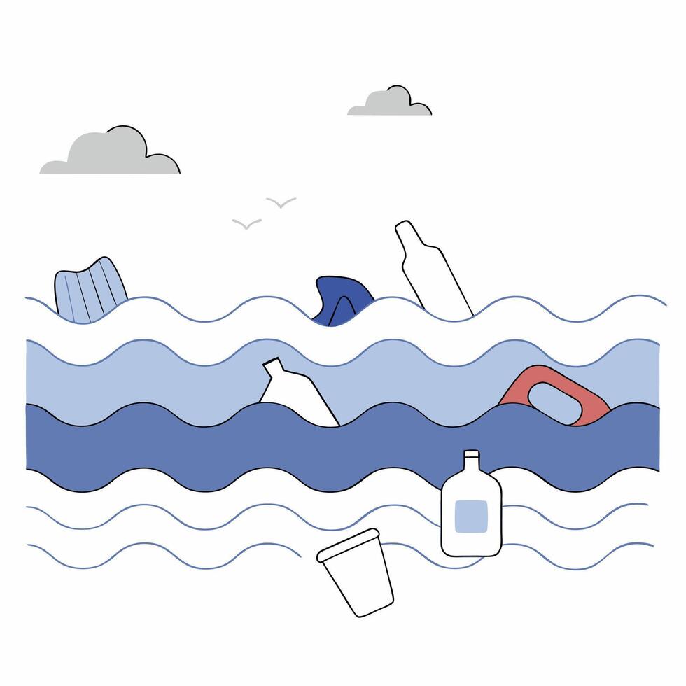 Ocean Plastic Pollution Simple Line Art Illustration of Plastic Waste in the Sea. vector