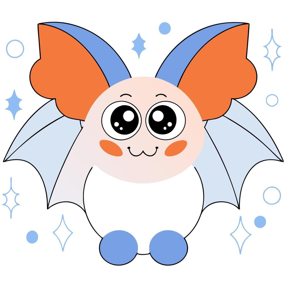 Cute Cartoon Bat Illustration Orange, Blue, Big Eyes. vector