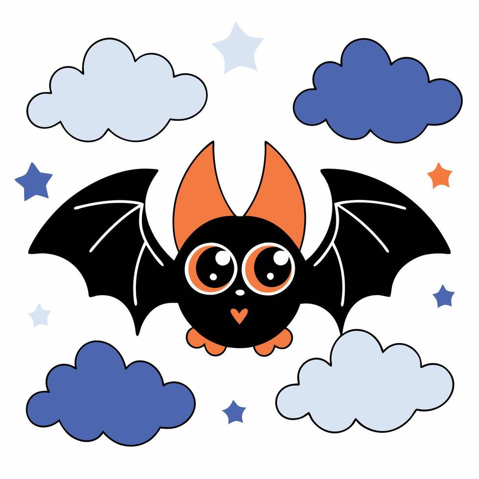 Cute Cartoon Bat Illustration Night Sky, Halloween. vector