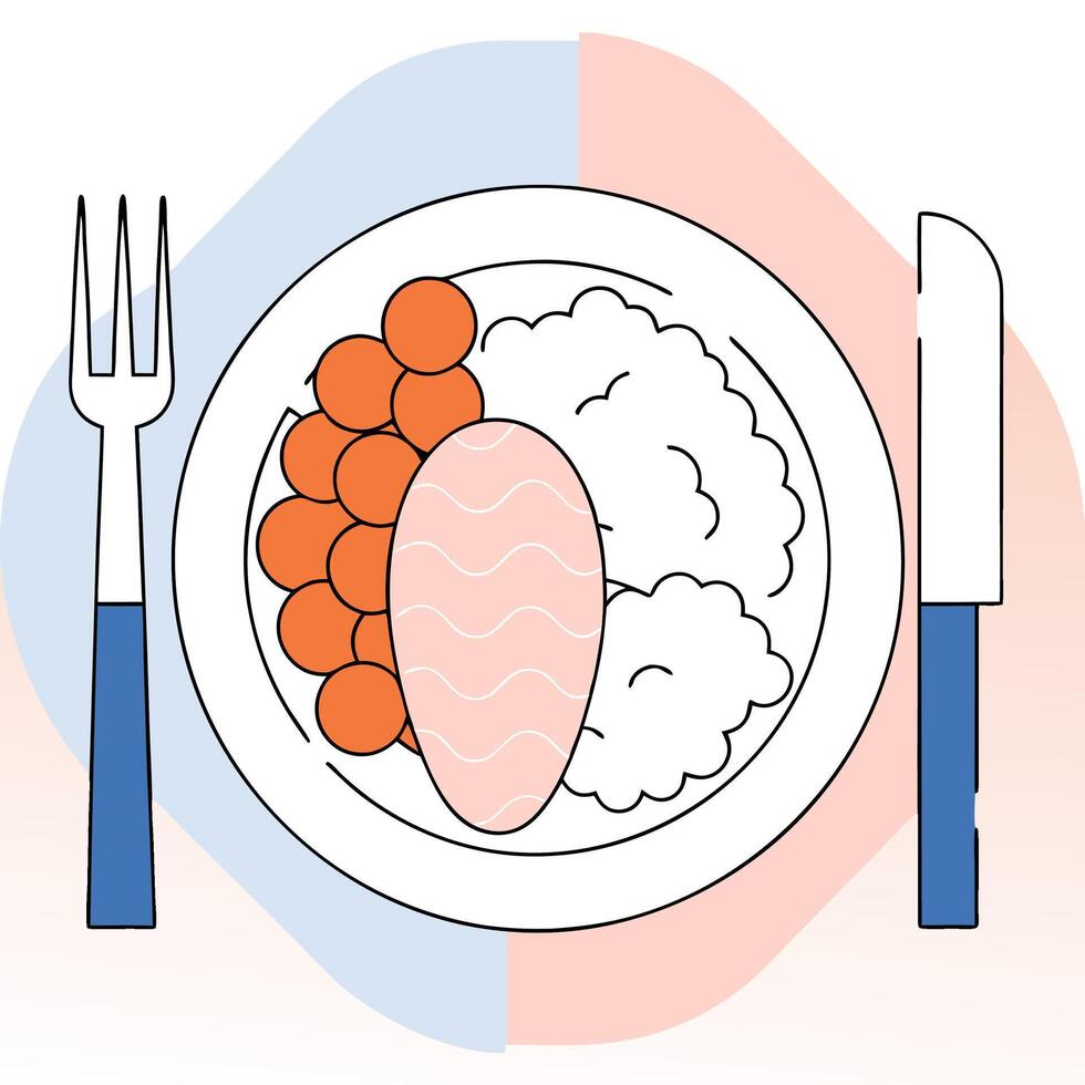 Healthy Salmon Dinner Illustration Simple Line Art Pink Salmon, Rice. vector