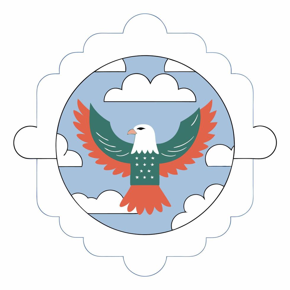 Patriotic Eagle Illustration Soaring Bird, Whimsical Style, Red, Green. vector