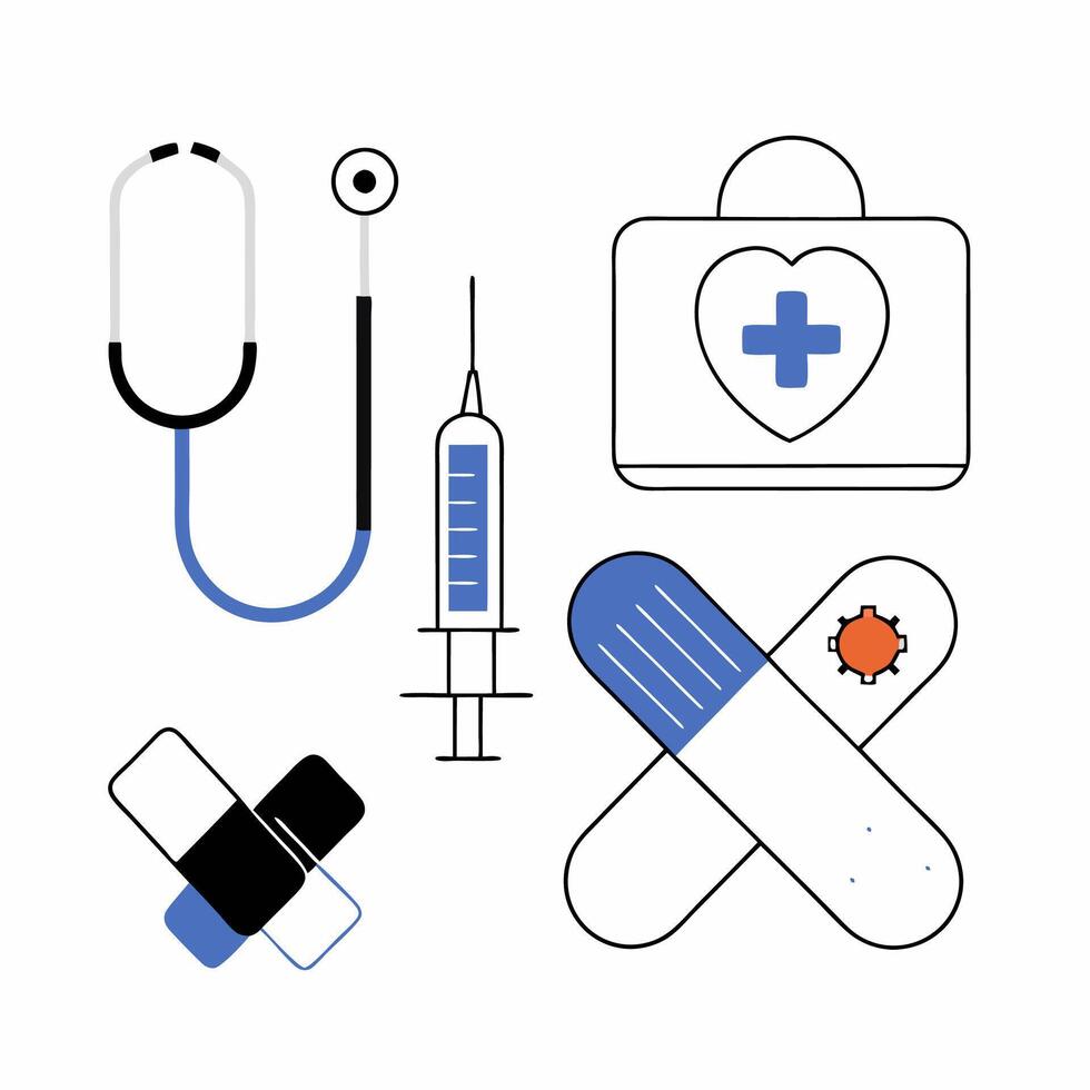 Medical Line Art Stethoscope, Syringe, First Aid Kit. vector