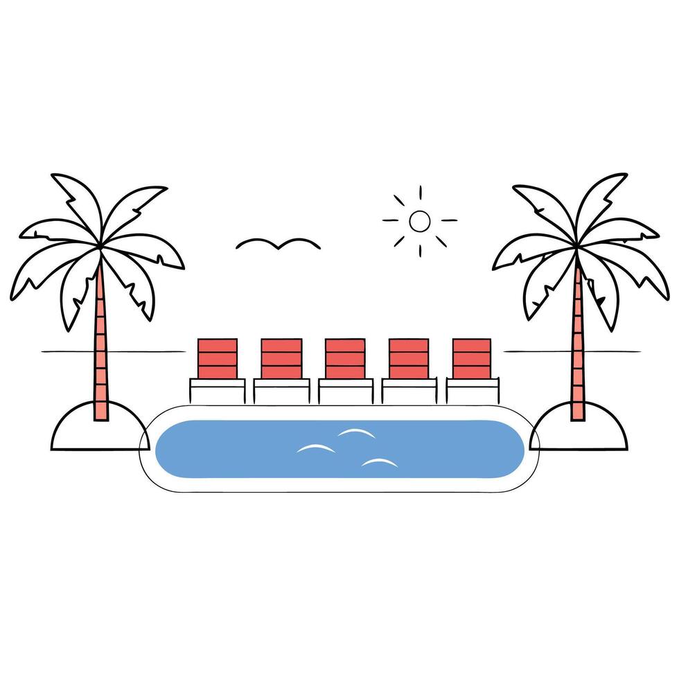 Tropical Poolside Paradise Relaxing Summer Scene with Palm Trees and Lounge Chairs. vector