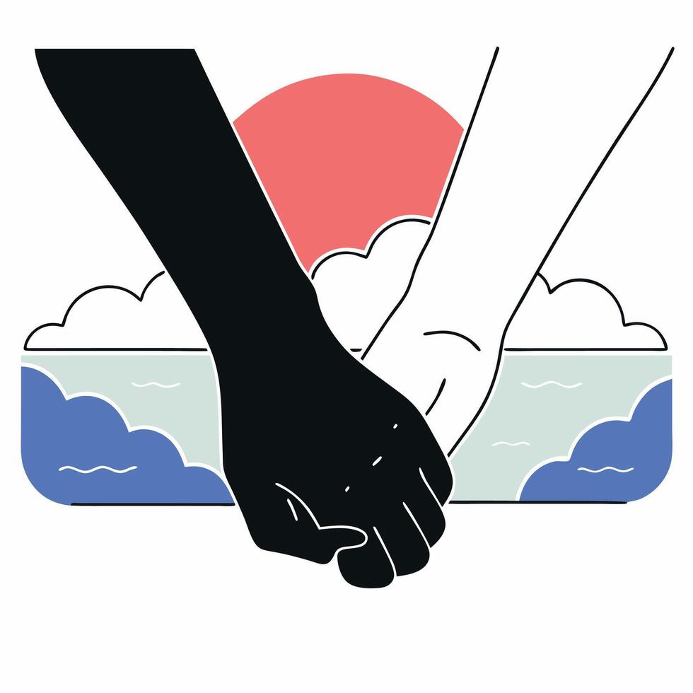 Interracial Couple Holding Hands Sunset Ocean Minimalist Line Art Graphic. vector
