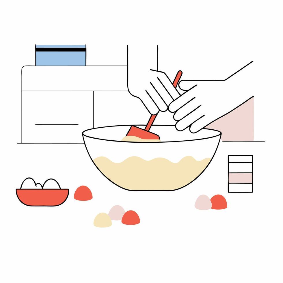 Mixing Batter Illustration Simple Line Art, Kitchen Scene. vector