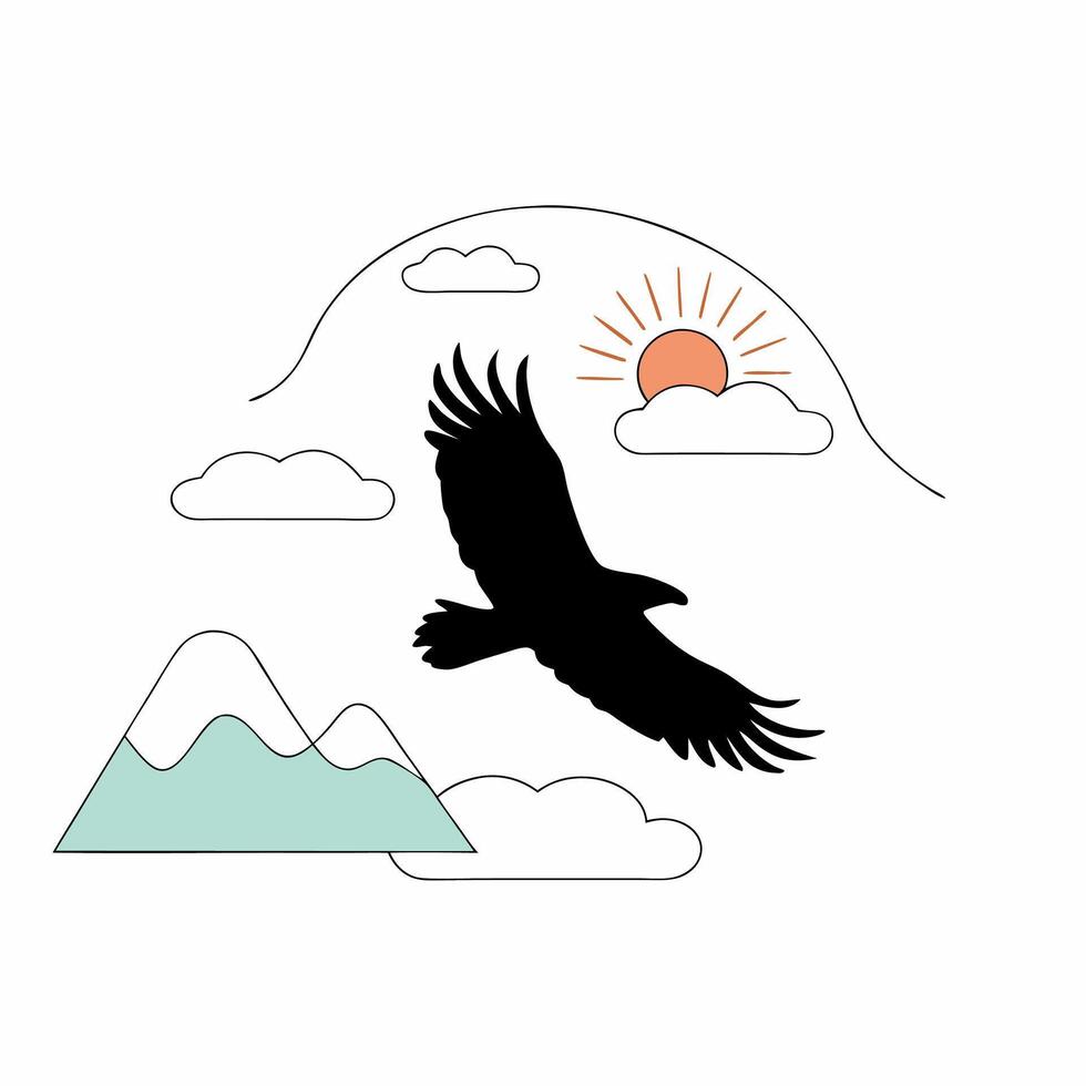 Eagle Soaring Sunrise Minimalist Illustration Teal Mountains. vector