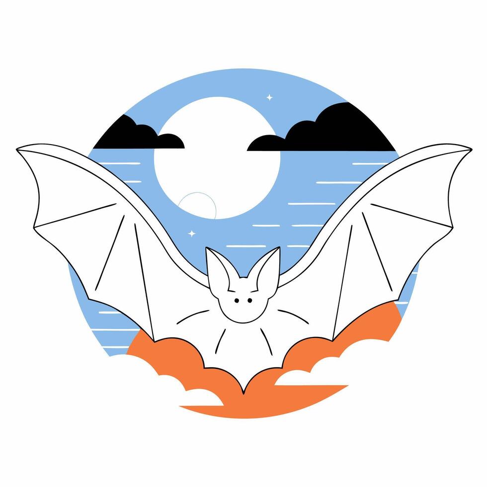 Cute White Bat Halloween Graphic Flying Silhouette, Night Sky. vector