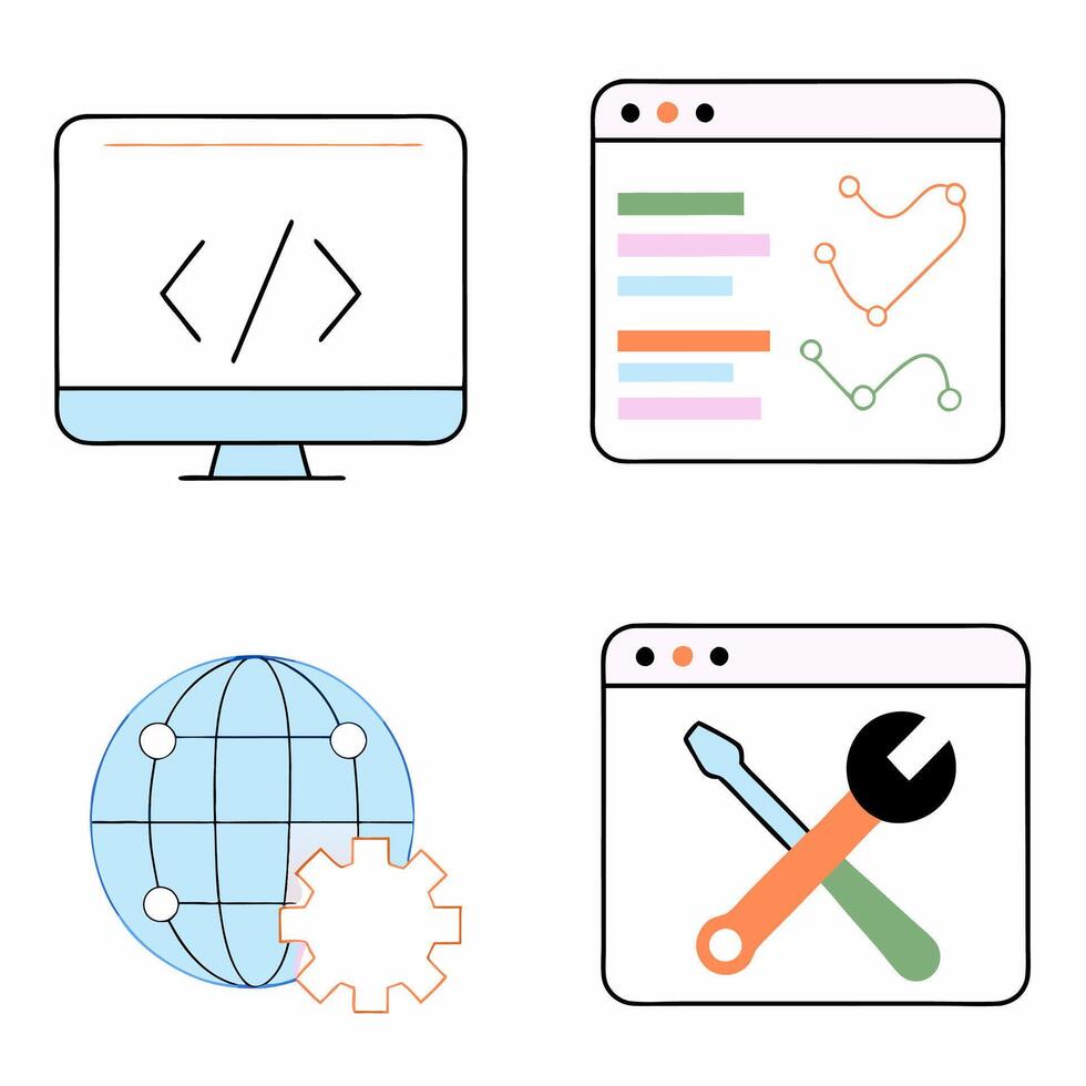 Pastel Web Development Icons Coding, Analytics. vector