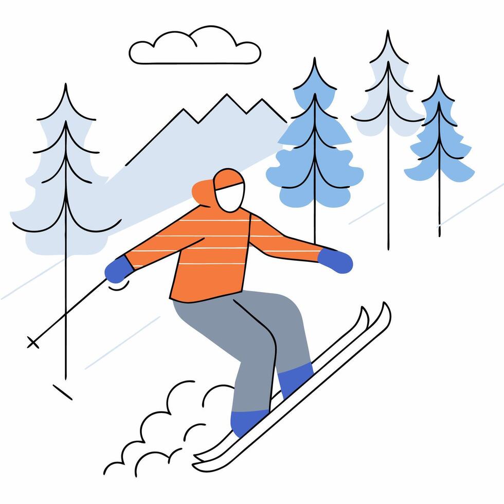Downhill Skiing Orange Jacket Skier in Snowy Mountains. vector