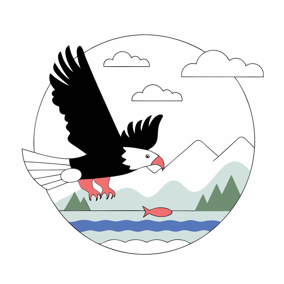 Bald Eagle Mountain Lake Scene Minimalist Wildlife Graphic Black and Coral. vector