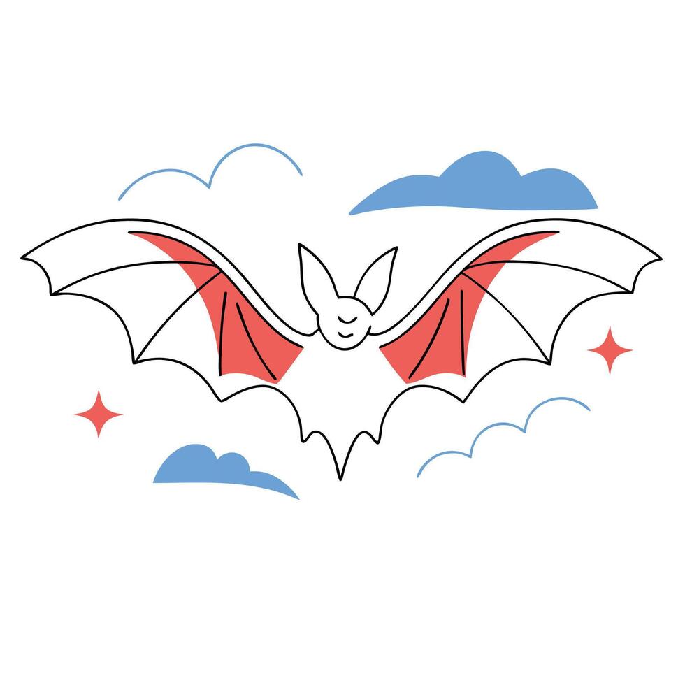 Cute Bat Illustration Red Wings, Night Sky. vector