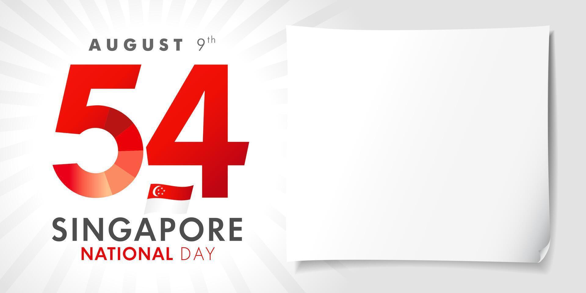 Happy Singapore's Independence day, 54 years editable poster with copy space. 3D sheet of paper, greeting card template vector