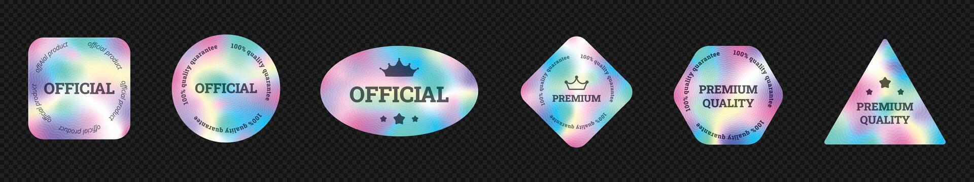 Quality holographic stickers set. Geometric labels for packaging vector