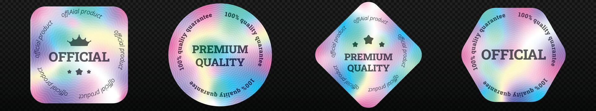 Premium holographic stickers set. Iridescent labels for packaging product vector