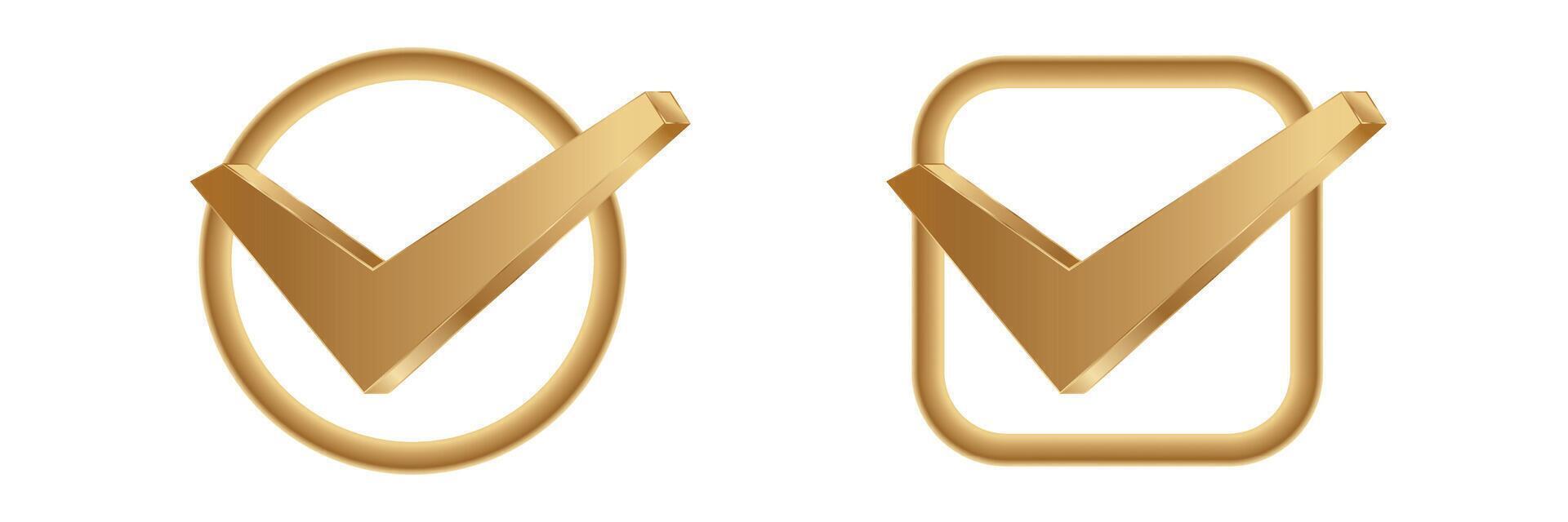 Golden check marks inside circle and square icons vector