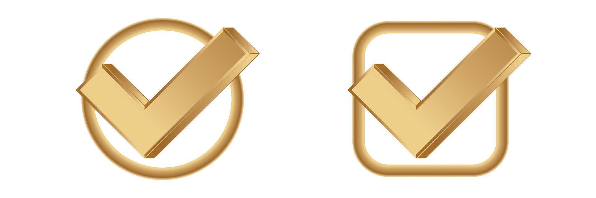Golden check mark icon for confirmation and approval vector