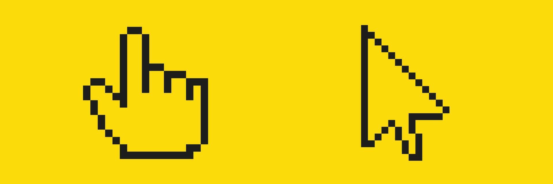 Pixel art hand and arrow cursor icons on yellow background vector