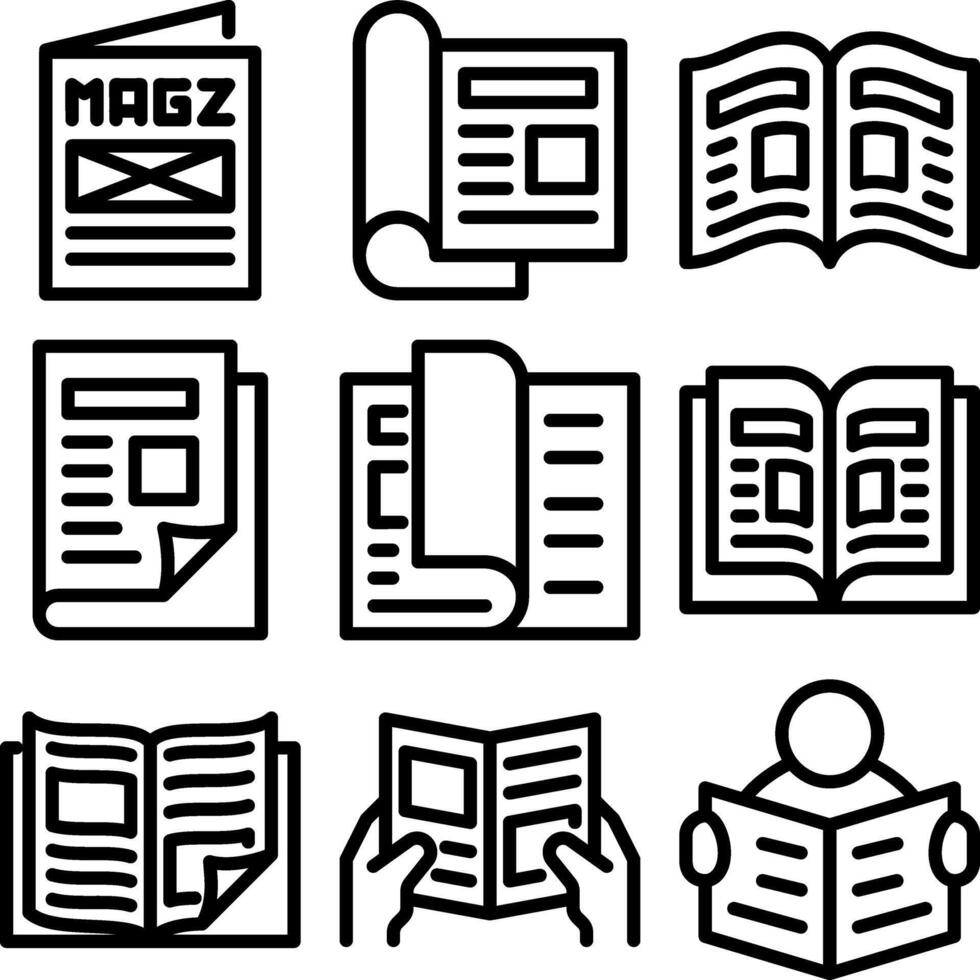 Magazine icon set. containing book, library, read, author, journal, reading, bookshelf, e-book and more. vector