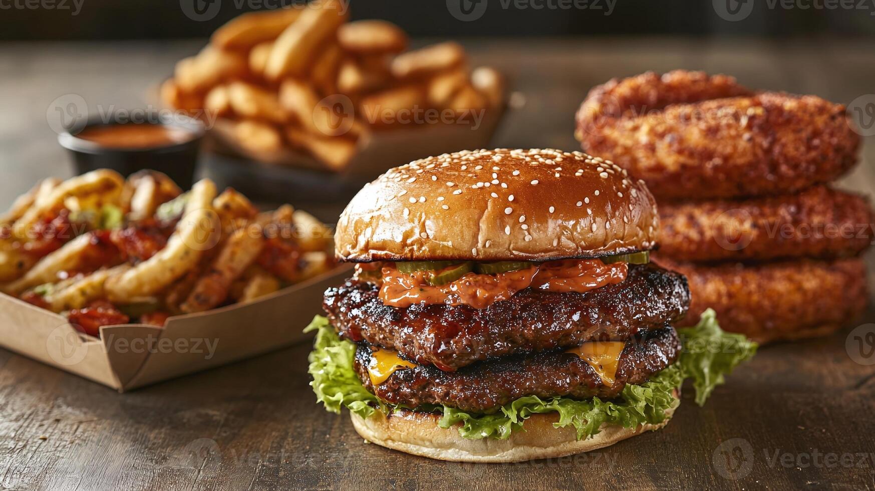 Burgers and a set of side dishes on a fast food restaurant table photo