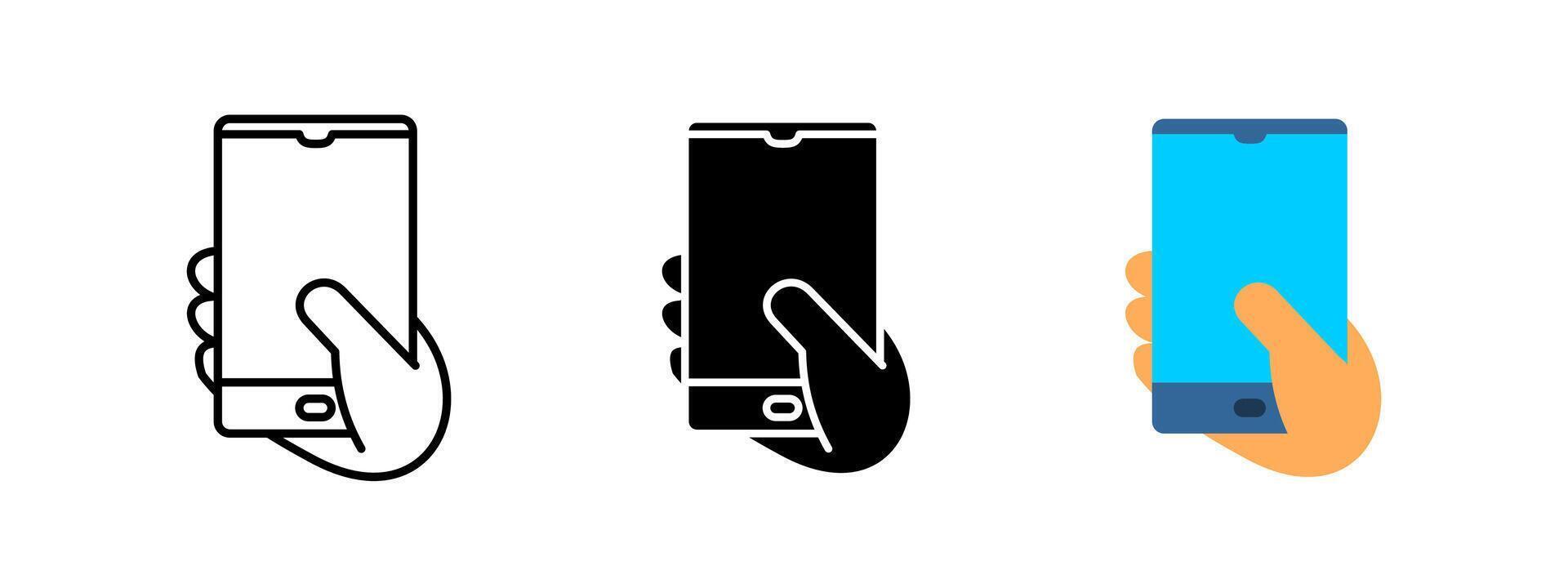 Hand holding smartphone icon. Mobile device symbol. Digital touchscreen illustration. Communication technology and modern gadget pictogram. Wireless internet and app interaction concept. vector