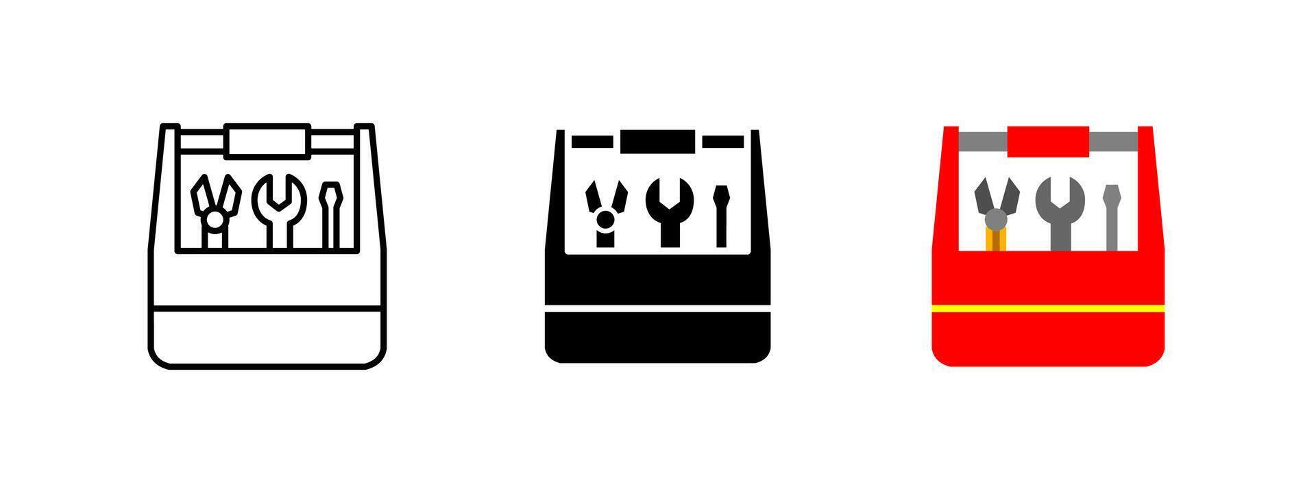 Toolbox icon. Repair and maintenance tool storage symbol. Construction and handyman illustration. Industrial equipment pictogram. Wrench, pliers and screwdriver for fixing and engineering work. vector