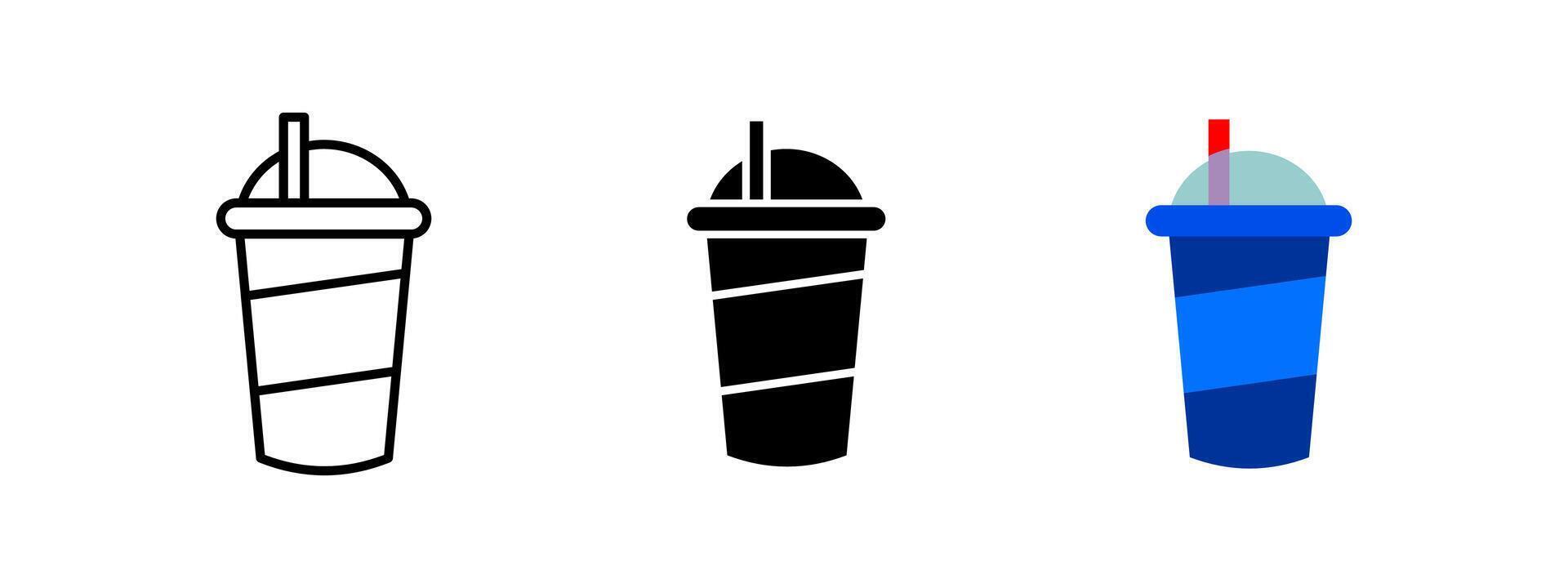 Soft drink cup straw icon. Refreshing beverage symbol. Takeaway soda illustration. Fast food drink container pictogram. Classic plastic cup with lid and straw for cold drinks. vector