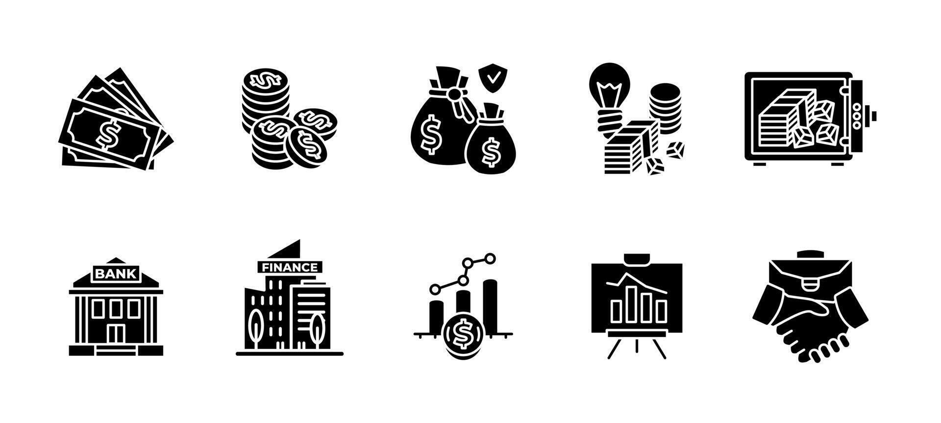 Business and finances black icon set. Banking, investment and economic symbols glyph. Savings, wealth, corporate transactions and financial success illustration. Business application pictogram. vector