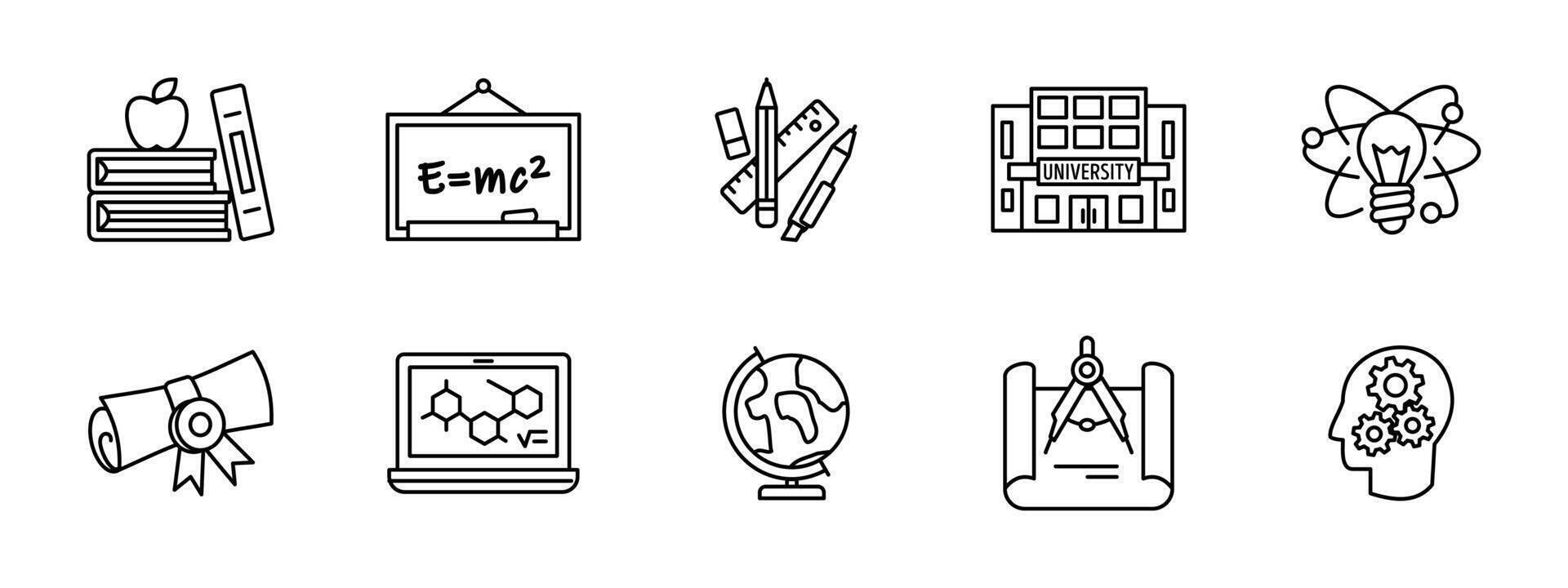 Education icon set. School, university and learning symbols collection. Knowledge, research and academic study illustration. Classroom, diploma, student and science pictogram set. vector