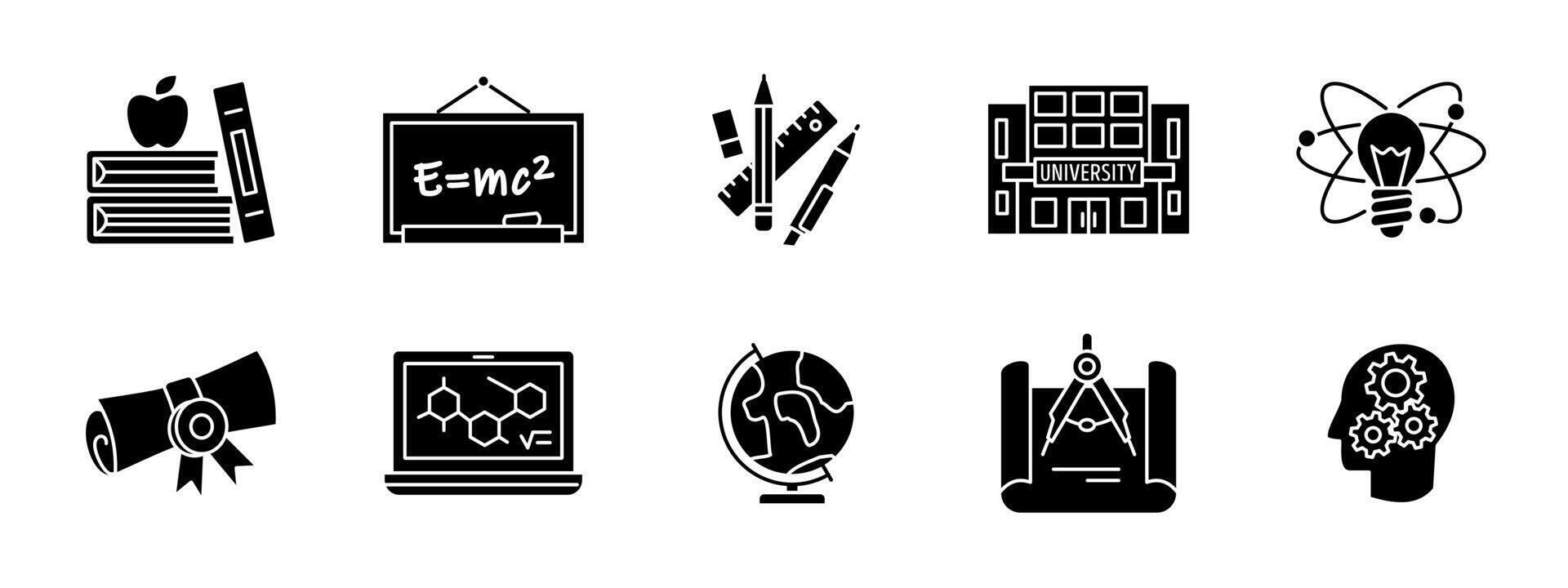 Education black icon set. School, university and learning symbols collection. Knowledge, research and academic study illustration. Classroom, diploma, student and science pictogram glyph set. vector