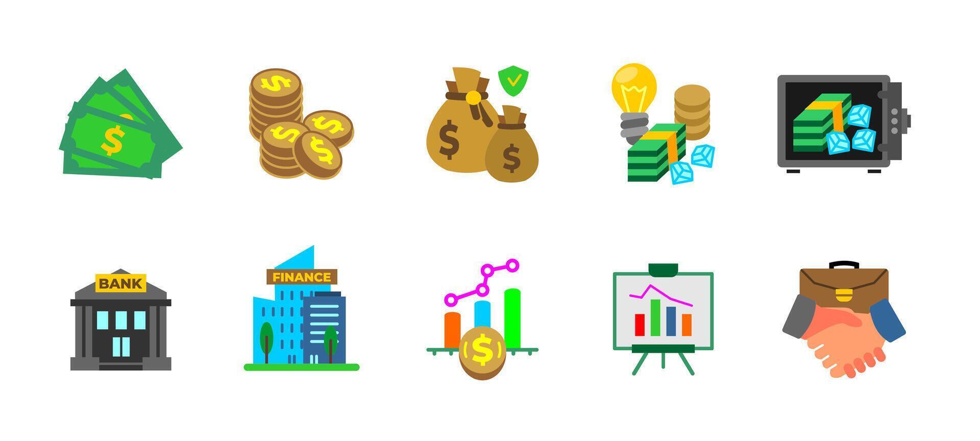 Business and finances colored icon set. Banking, investment and economic symbols collection. Savings, wealth and financial success illustration. Business application colorful pictogram. vector