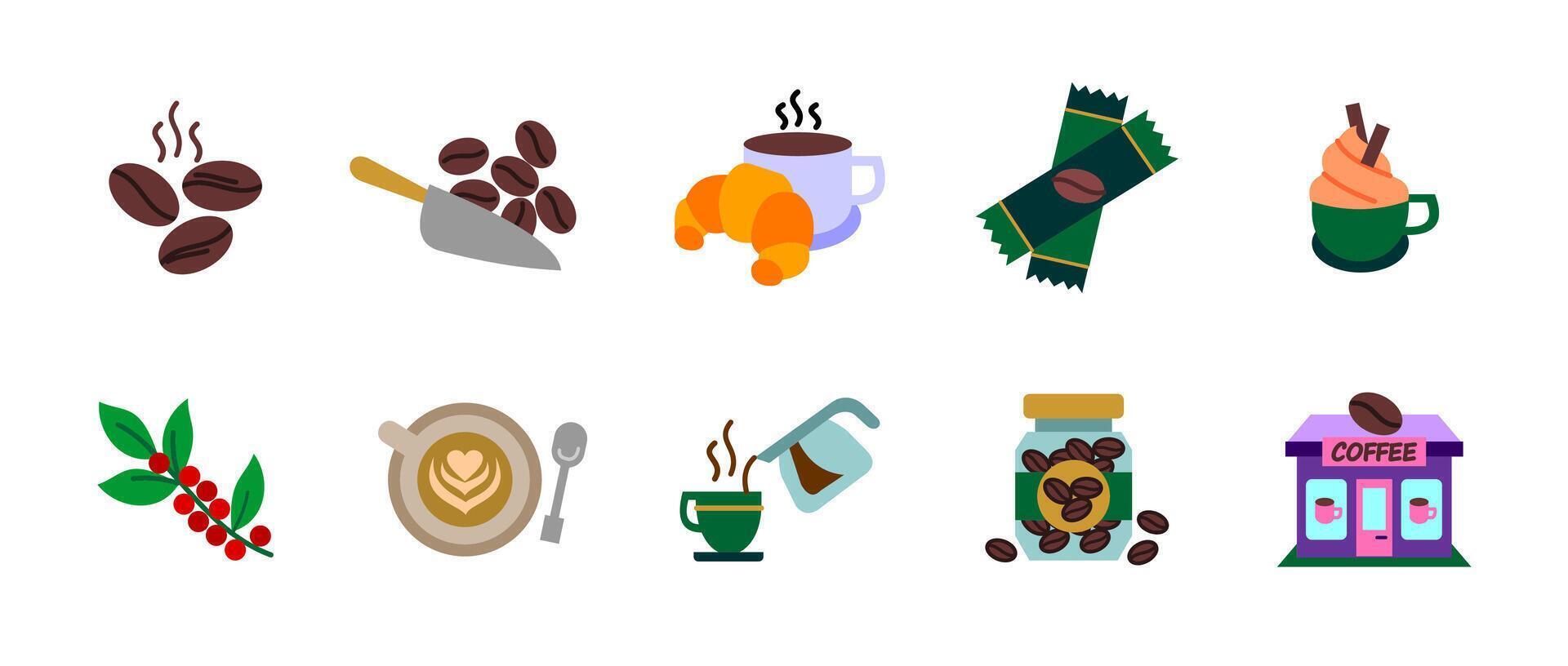 Coffee icon set colored. Cafe, hot beverage brewing and caffeine symbols collection. Beans, cup, grinder and coffee-making elements illustration. Espresso drink and barista colorful pictogram. vector