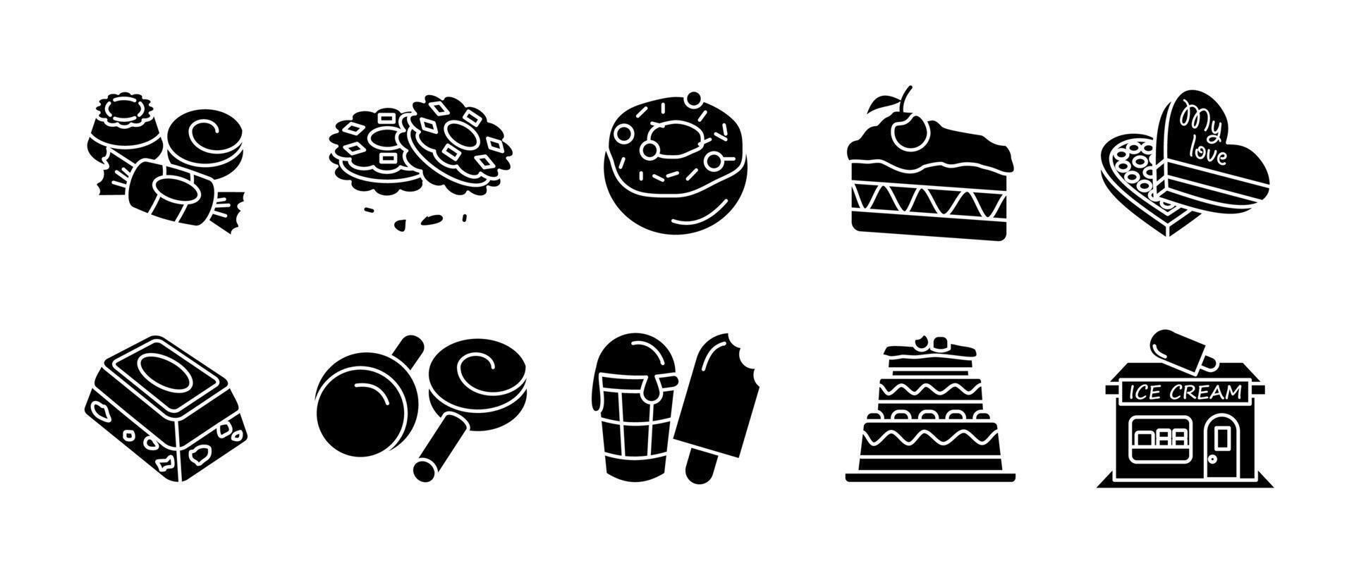 Sweets and desserts silhouette icon set. Collection of delicious treats. Cake, candies, ice cream, cookie, lollypop and chocolate. Bakery, confectionery and pastry-related icons black glyphs. vector