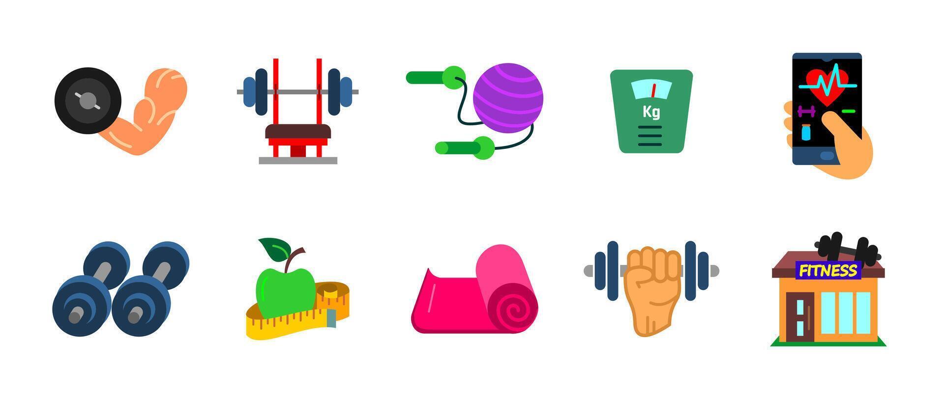 Fitness icon set colored. Workout, training and exercise symbols collection. Strength, weightlifting, yoga and cardio illustration. Gym, health and wellness pictogram. Sport colorful concept. vector