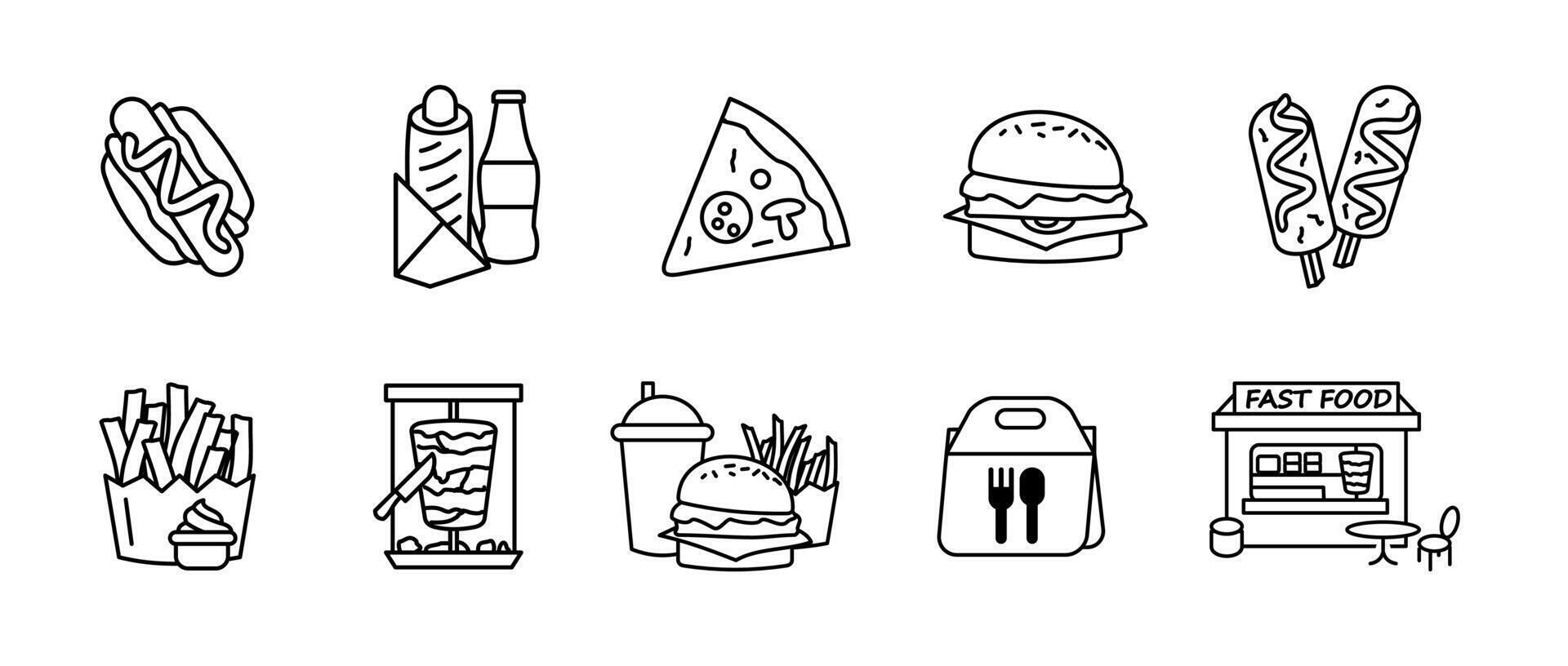 Fast food icon set. Burgers, fries, pizza and takeaway meal symbols collection. Street food, snacks and quick service restaurant illustration. Junk food and delivery pictogram. vector