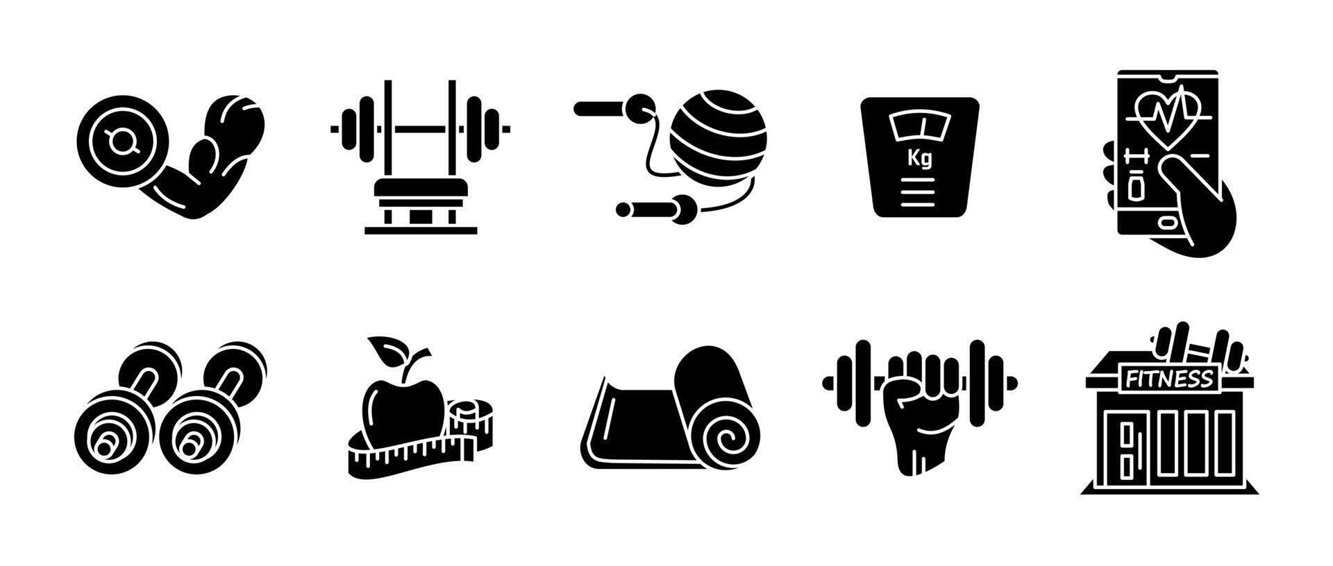 Fitness icon set black. Workout, training and exercise symbols collection. Strength, weightlifting, yoga and cardio illustration. Gym, health and wellness pictogram. Sport and bodybuilding glyph. vector