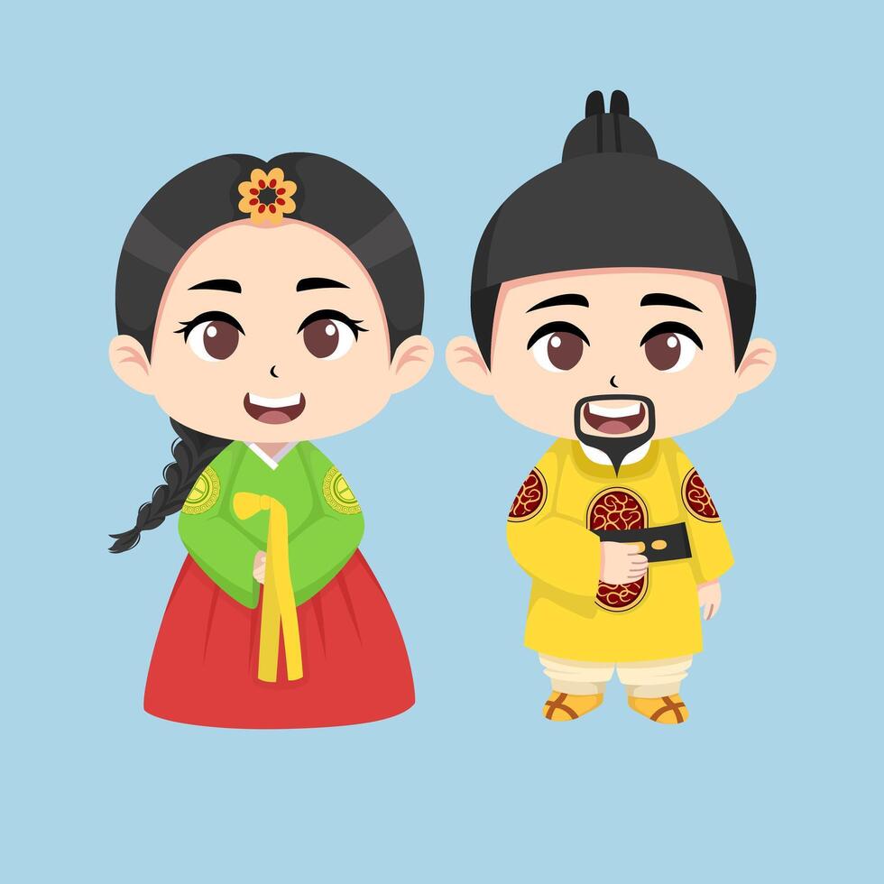 Korean chibi couple hanbok vector