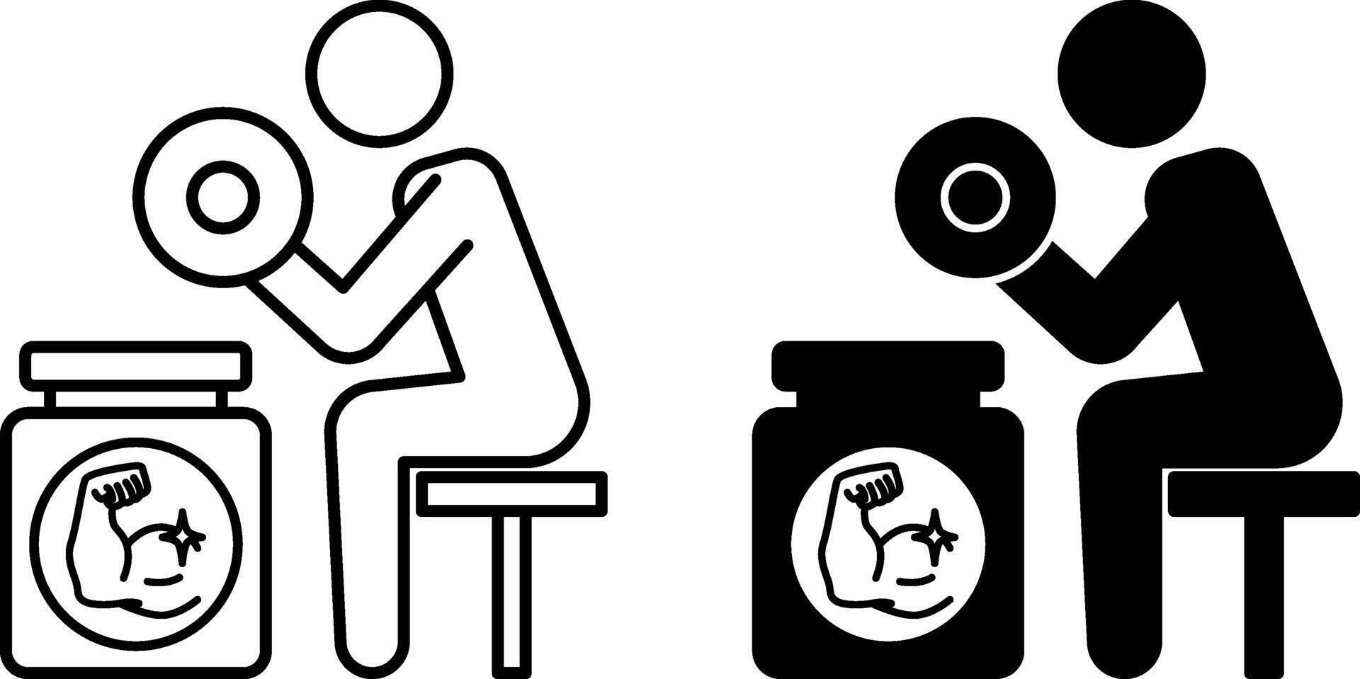 Biceps Curl Icons. Black and White Illustrations. The Athlete Holds a Dumbbell and Protein Jar. Strength Training. Gym and Sports Concept vector