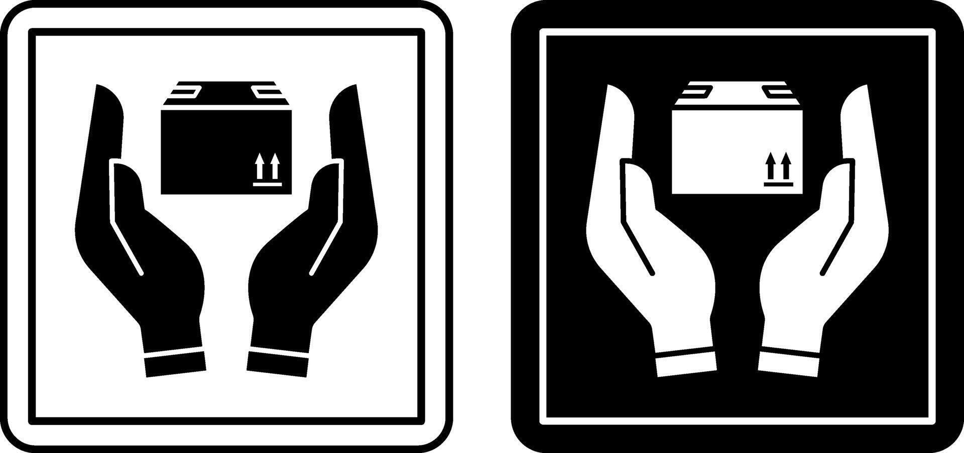 Handle with Care Icons. Labels for Cardboard Packaging. Warning Symbol. Postal Parcel in Human Hands. Illustration on White and Black Background. vector