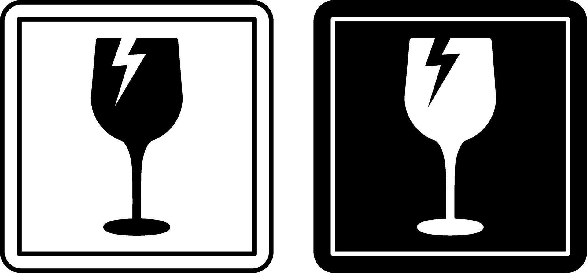 Fragile Icons. Labels for Cardboard Packaging. Warning Symbol, Handle with Care. Broken Glass. Illustration on White and Black Background. vector