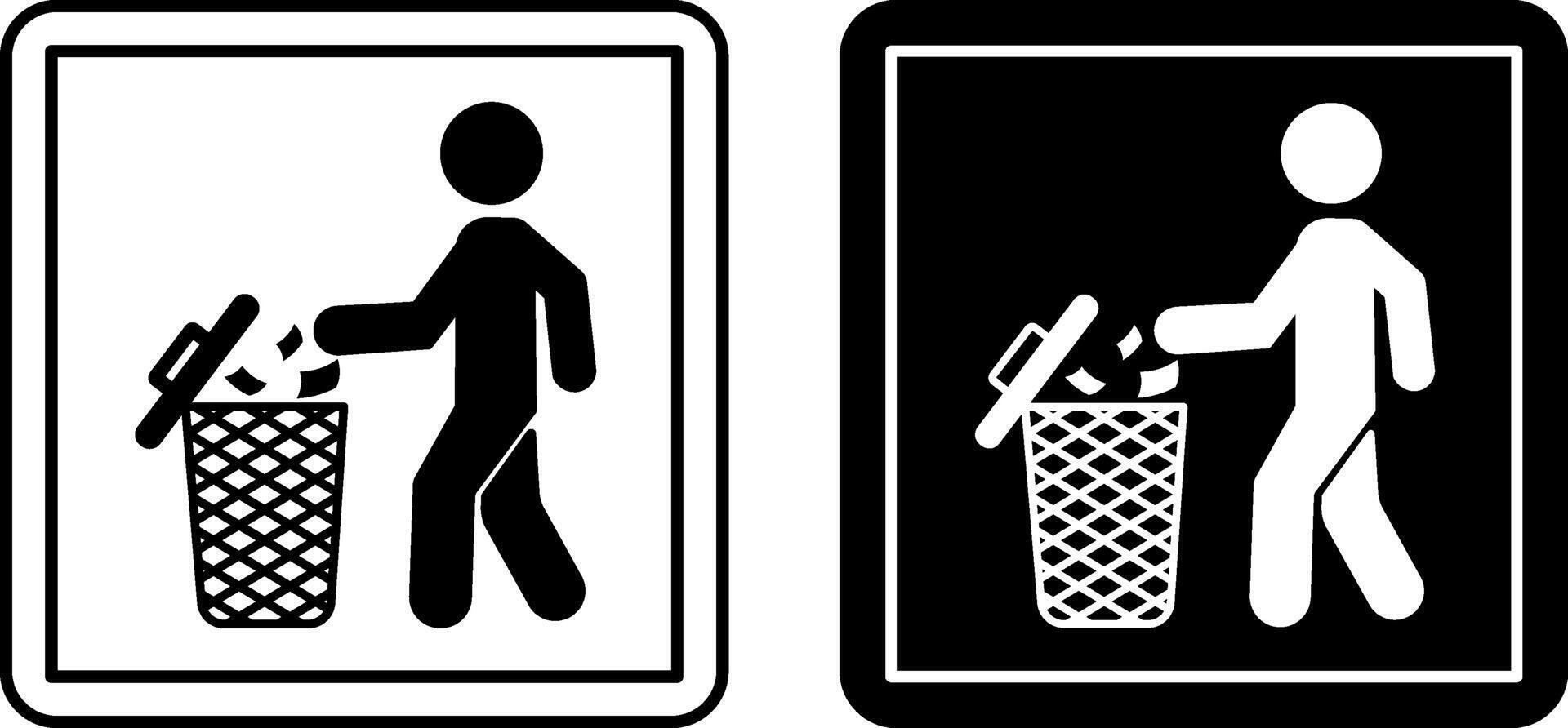 No Littering Icons. Labels for Cardboard Packaging. Man Throwing Trash in Trash Bin. Warning Sign. Illustration on White and Black Background. vector