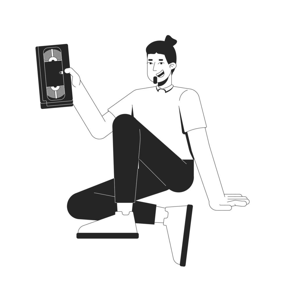 Bearded man sitting casually, holding VHS tape black and white 2D line character. Retro media. Nostalgic movie lover caucasian guy isolated outline person. Monochromatic spot illustration vector