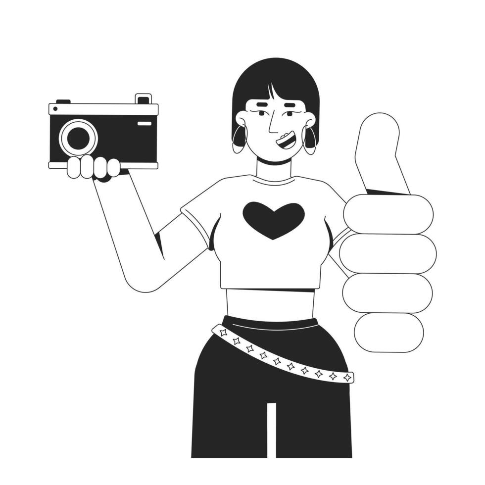 Stylish asian y2k girl holding retro camera and thumb up gesture black and white 2D line character. 2000s fashion young woman crop top isolated outline person. Monochromatic spot illustration vector