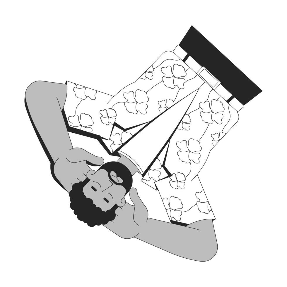 African american bearded man in floral hawaiian shirt relaxing black and white 2D line character. Resort wear black guy laid back isolated outline person. Monochromatic spot illustration vector