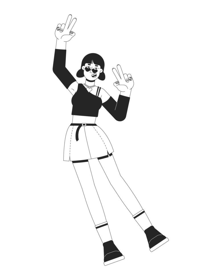 Stylish asian y2k girl with trendy accessories making peace signs black and white 2D line character. 2000s woman with nails painted isolated outline person. Monochromatic spot illustration vector