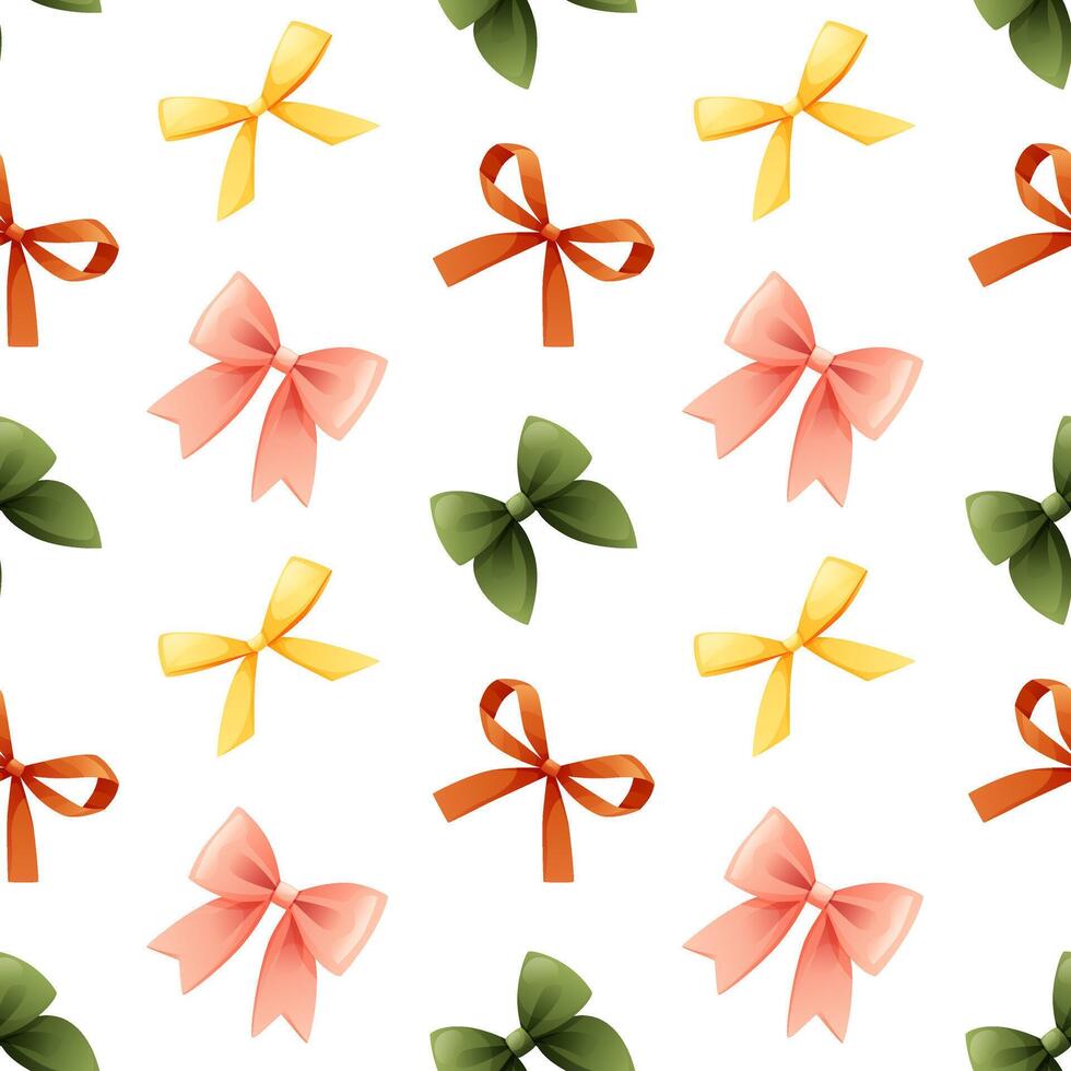 Seamless pattern with colorful small bows and hair ribbons. Pattern of pink, green, yellow bows on white background. Celebration concept, party decoration. Pastel illustration for kids and adults. vector